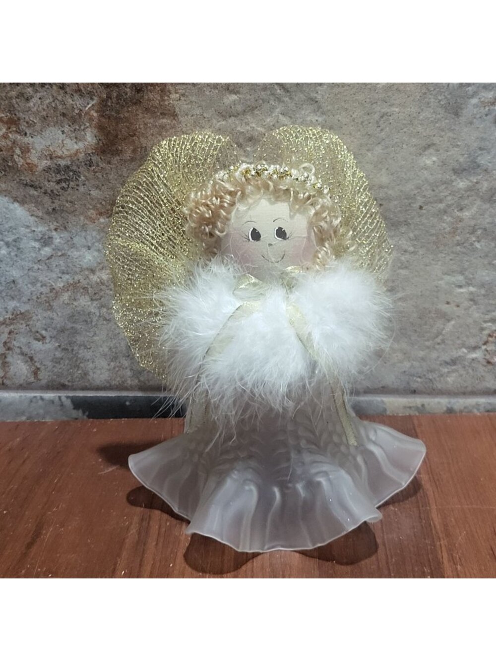 Vintage Handmade Angel Ornament Fluffy White Feather Collar Gold Mesh Wings